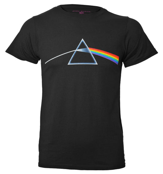 a black official pink floyd t shirt with classic pink floyd dark side of the moon prism graphic on the front