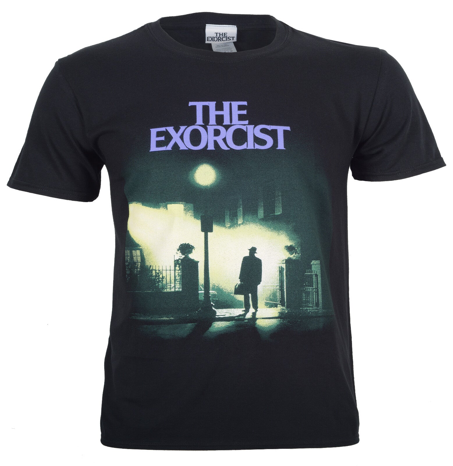 official The Exorcist T shirt with Movie Poster illustration featuring Father Karras standing underneath a streetlight on the front