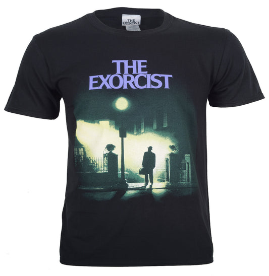 official The Exorcist T shirt with Movie Poster illustration featuring Father Karras standing underneath a streetlight on the front