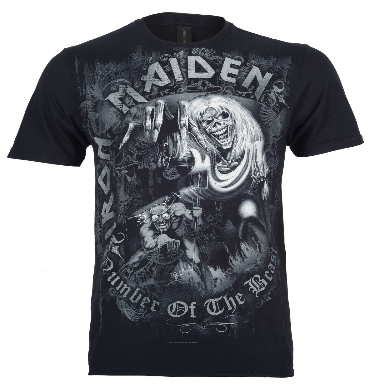 black  official iron maiden t shirt with a grey tone iron maiden number of the beast graphic print on the front