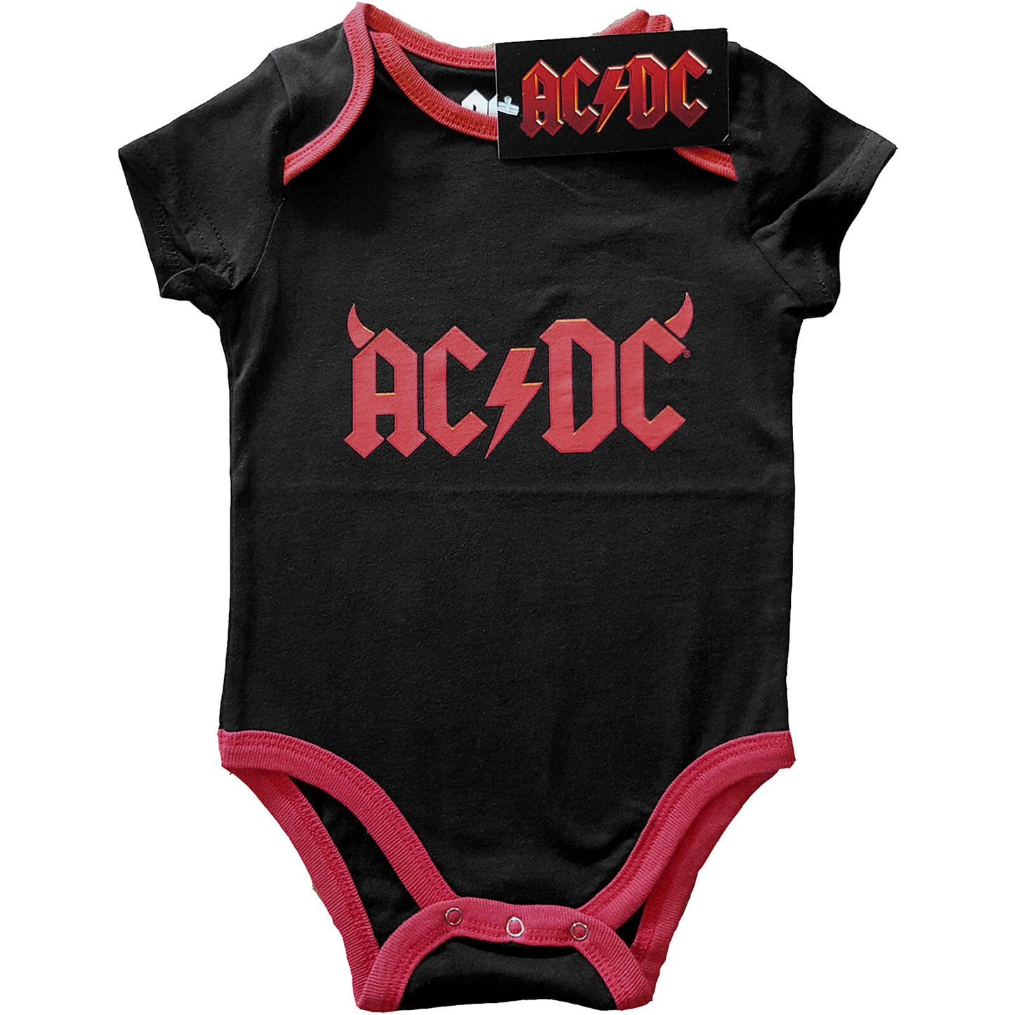 a black ac dc childrens baby grow with ac dc horns red logo on the front