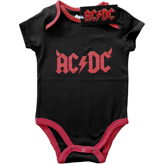 a black ac dc childrens baby grow with ac dc horns red logo on the front