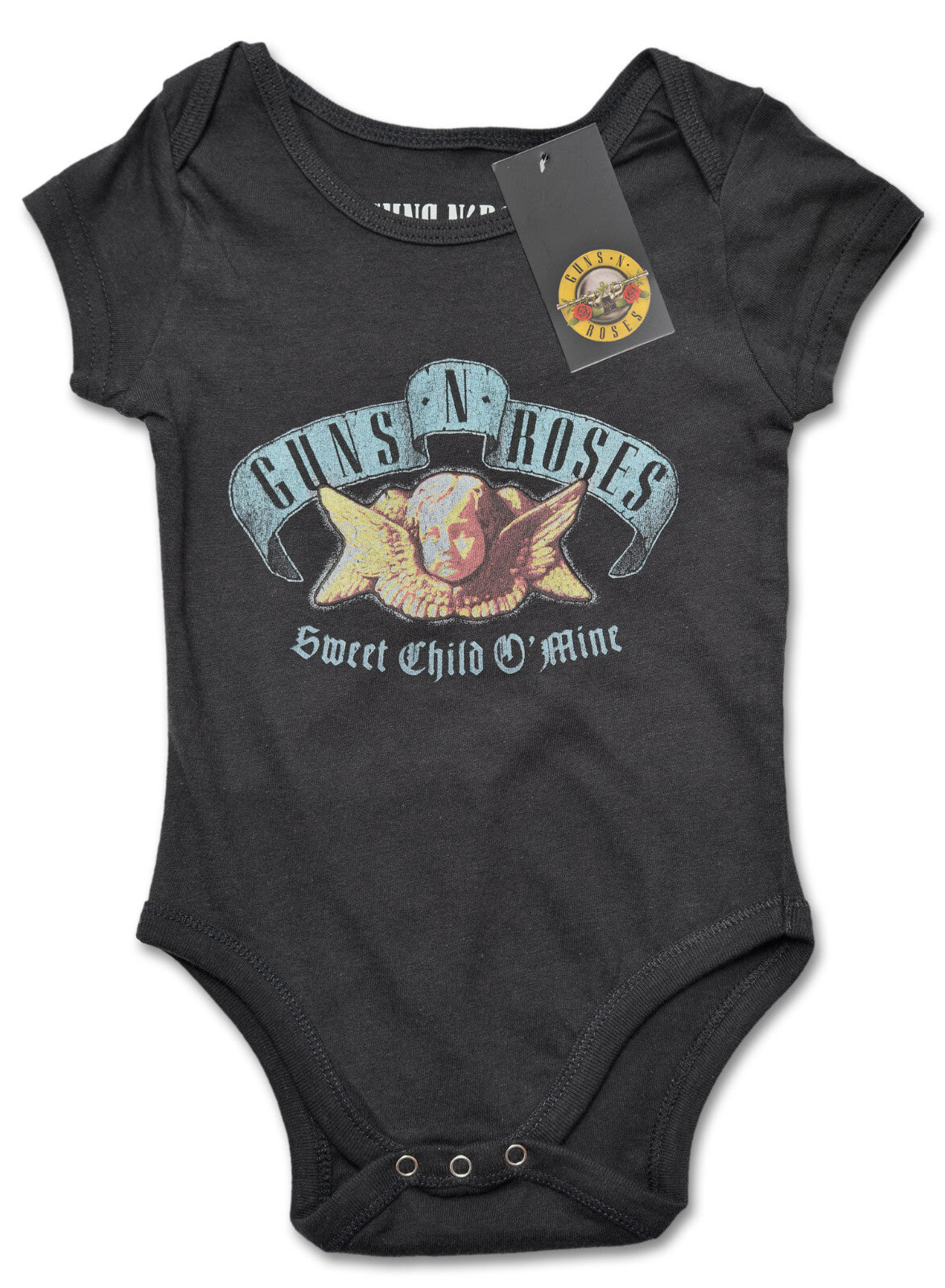 a black guns n roses official baby grow with guns n roses sweet child o mine text and an image of a cherub angel