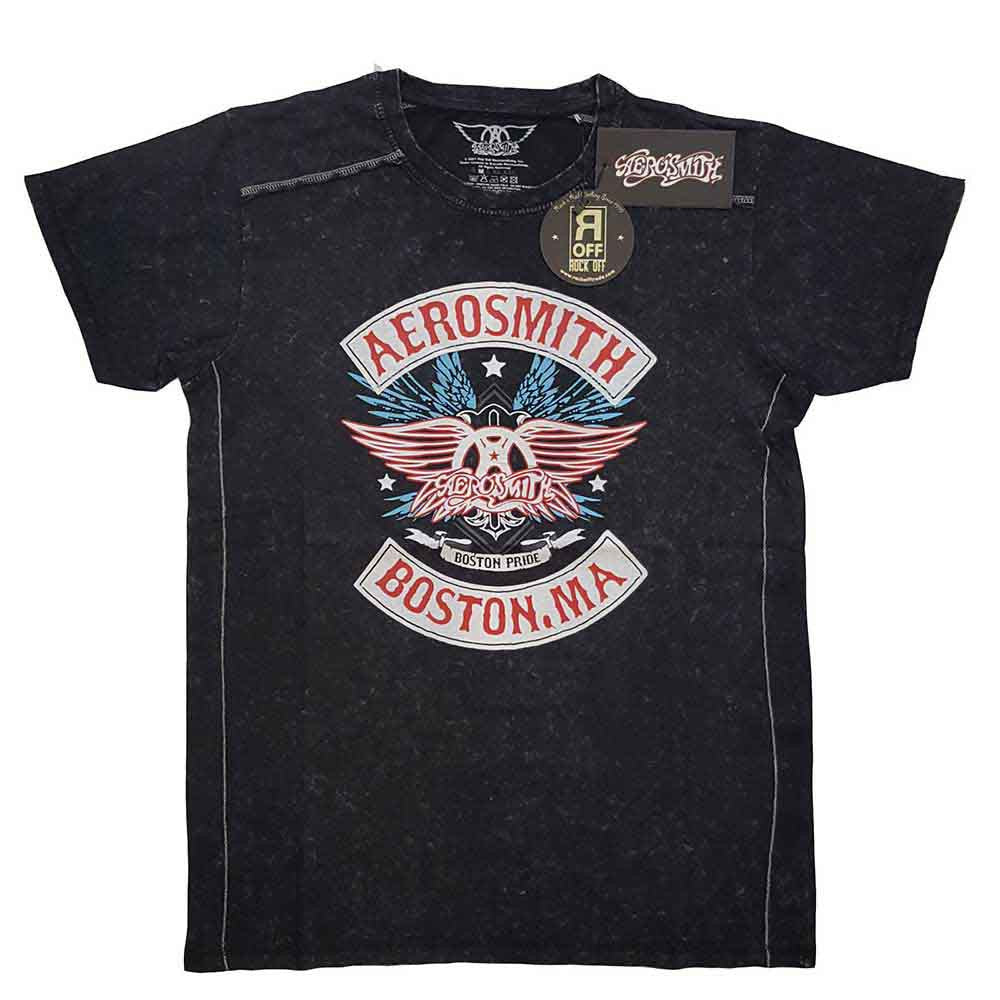 Official Aerosmith Boston Pride Snow Wash Black T Shirt with decorative stitching detail on a white background