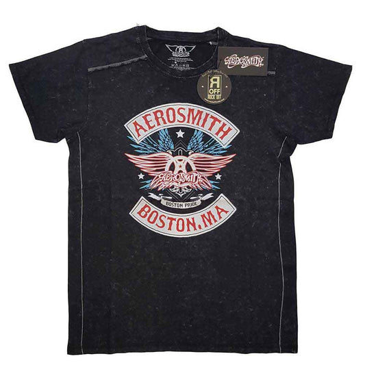 Official Aerosmith Boston Pride Snow Wash Black T Shirt with decorative stitching detail on a white background