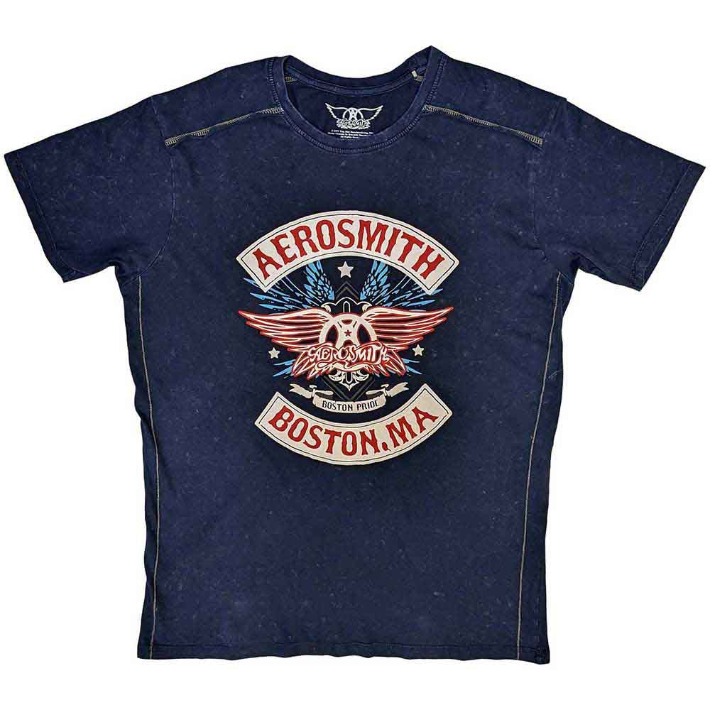 Official Aerosmith Boston Pride Snow Wash BlueT Shirt with decorative stitching detail on a white background