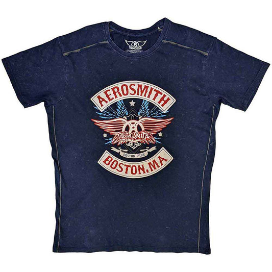 Official Aerosmith Boston Pride Snow Wash BlueT Shirt with decorative stitching detail on a white background