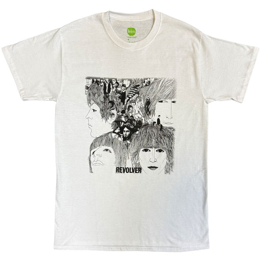 official Betales White t-shirt with black and white graphic design of Beatles' faces and 'Revolver' text on a white background