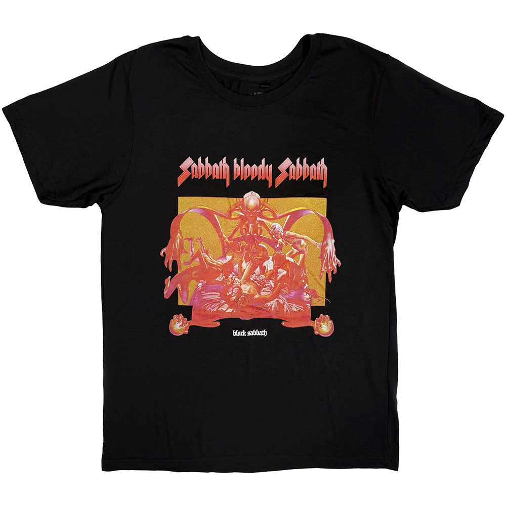 Black t-shirt with 'Sabbath Bloody Sabbath' graphic design on a white background