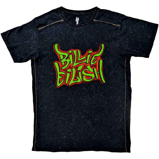 Official Billie Eilish Graffiti Black Snow Wash T shirt on a White Background