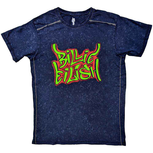 Official Billie Eilish Graffiti Blue Snow Wash T shirt on a White Background