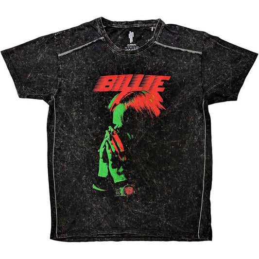 Official Billie Eilish Black Snow Wash T Shirt with Hands Face graphic on front   on a white background