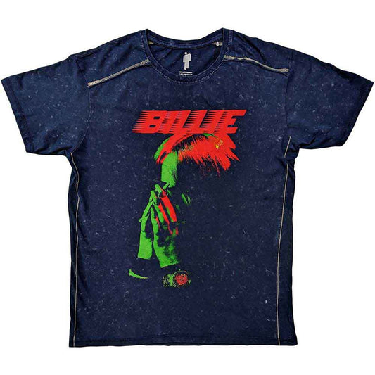 Official Billie Eilish Blue Snow Wash T Shirt with Hands Face graphic on front   on a white background