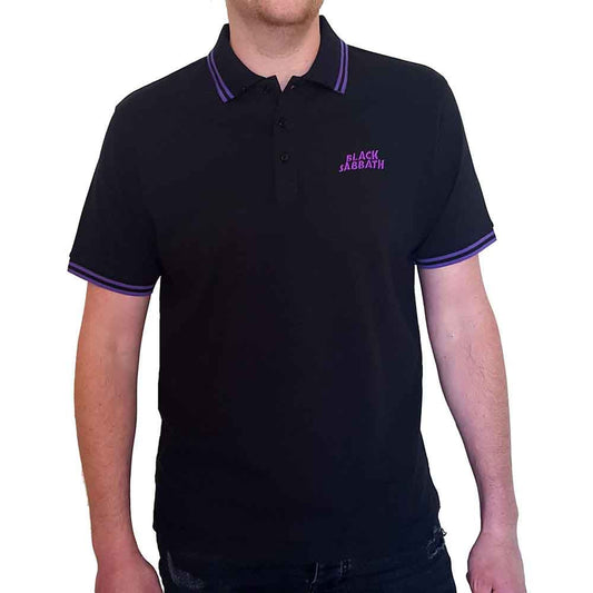  Official Black Sabbath black polo shirt purple embroidered logo and contrasting sleeves and collar