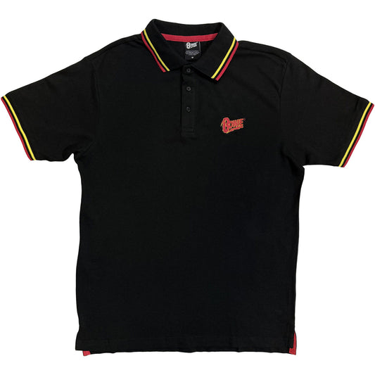 Black David Bowie polo shirt wIth embroidered left chest logo with red  yellow contrast collar and sleeves on a white background