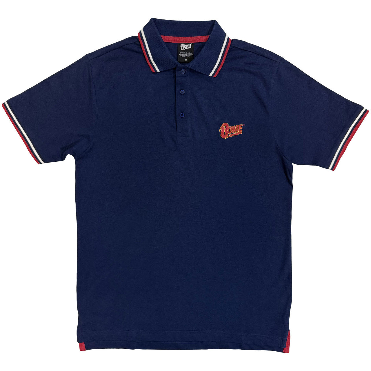 Blue David Bowie polo shirt wIth embroidered left chest logo with red  white contrast collar and sleeves on a white background