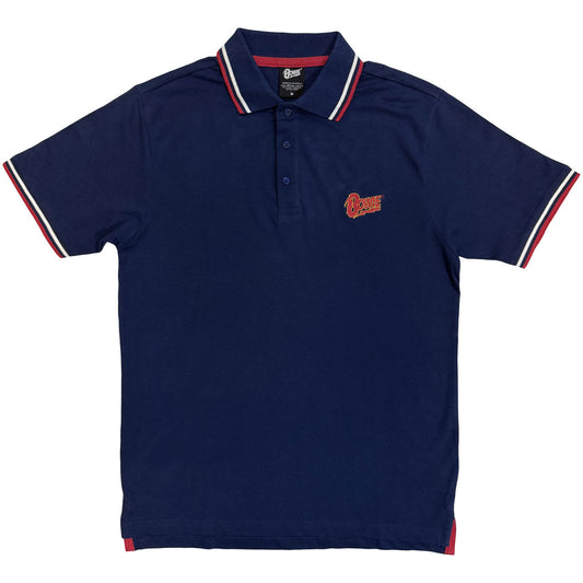 Blue David Bowie polo shirt wIth embroidered left chest logo with red  white contrast collar and sleeves on a white background