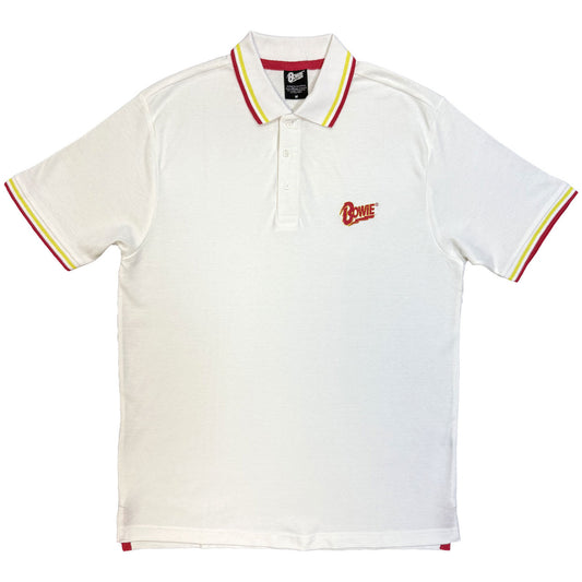  White David Bowie polo shirt wIth embroidered left chest logo with red  yellow contrast collar and sleeves on a white background
