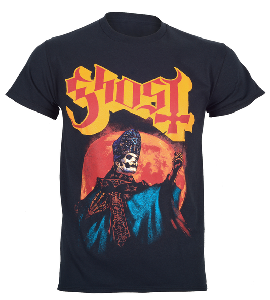 Black t-shirt with 'Ghost' band logo and papa hunters moon design on the front