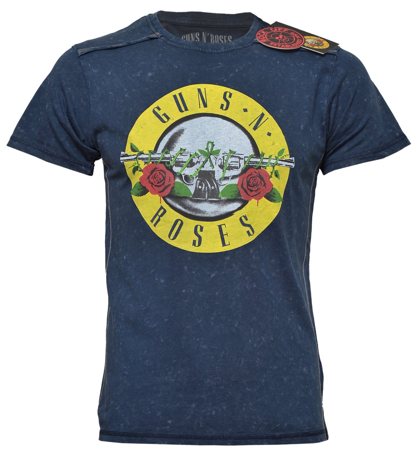 Guns N Roses Blue Snow Wash T Shirt with classic logo on a white background