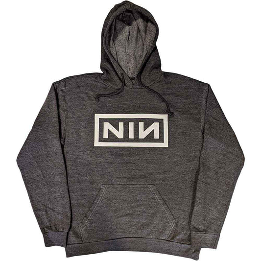 Official Nine Inch Nails grey hoodie with 'NIN' logo on a white background