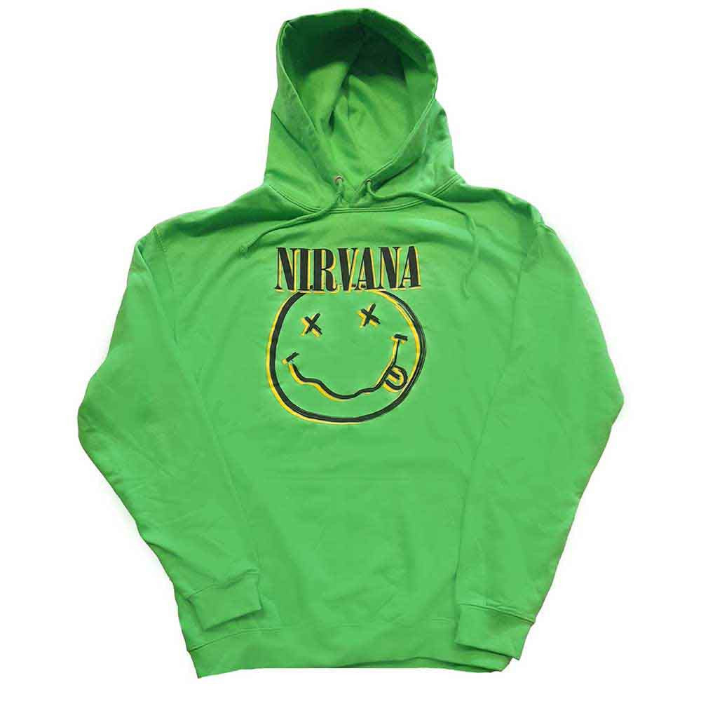 Officially licensed green Nirvana hoodie with Nirvana Smile Face logo on a white background