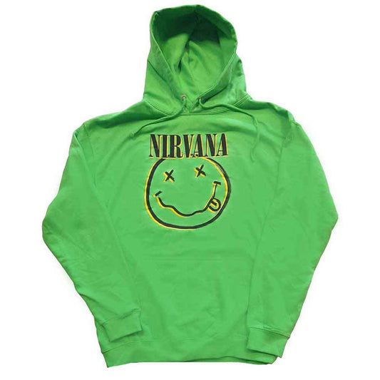 Officially licensed green Nirvana hoodie with Nirvana Smile Face logo on a white background