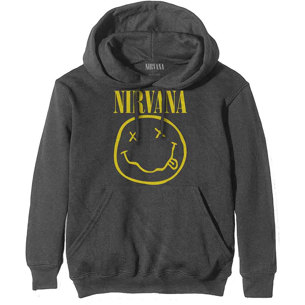 Officially licensed gray hoodie with Nirvana smile logo on a white background