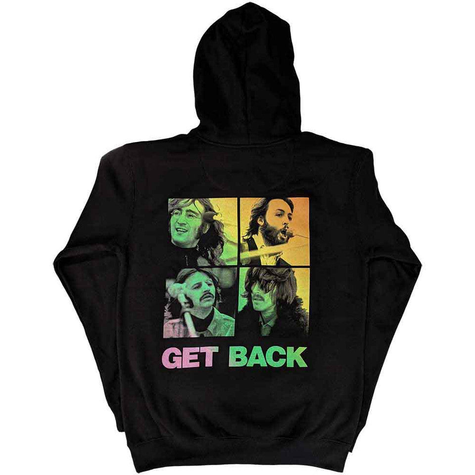 Black hoodie with a graphic of four faces and 'GET BACK' text on a white background