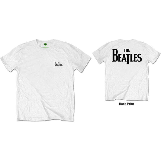 Officially Licensed Beatles White t-shirt with 'The Beatles' logo on front and back.  Image shows back and front of t shirt