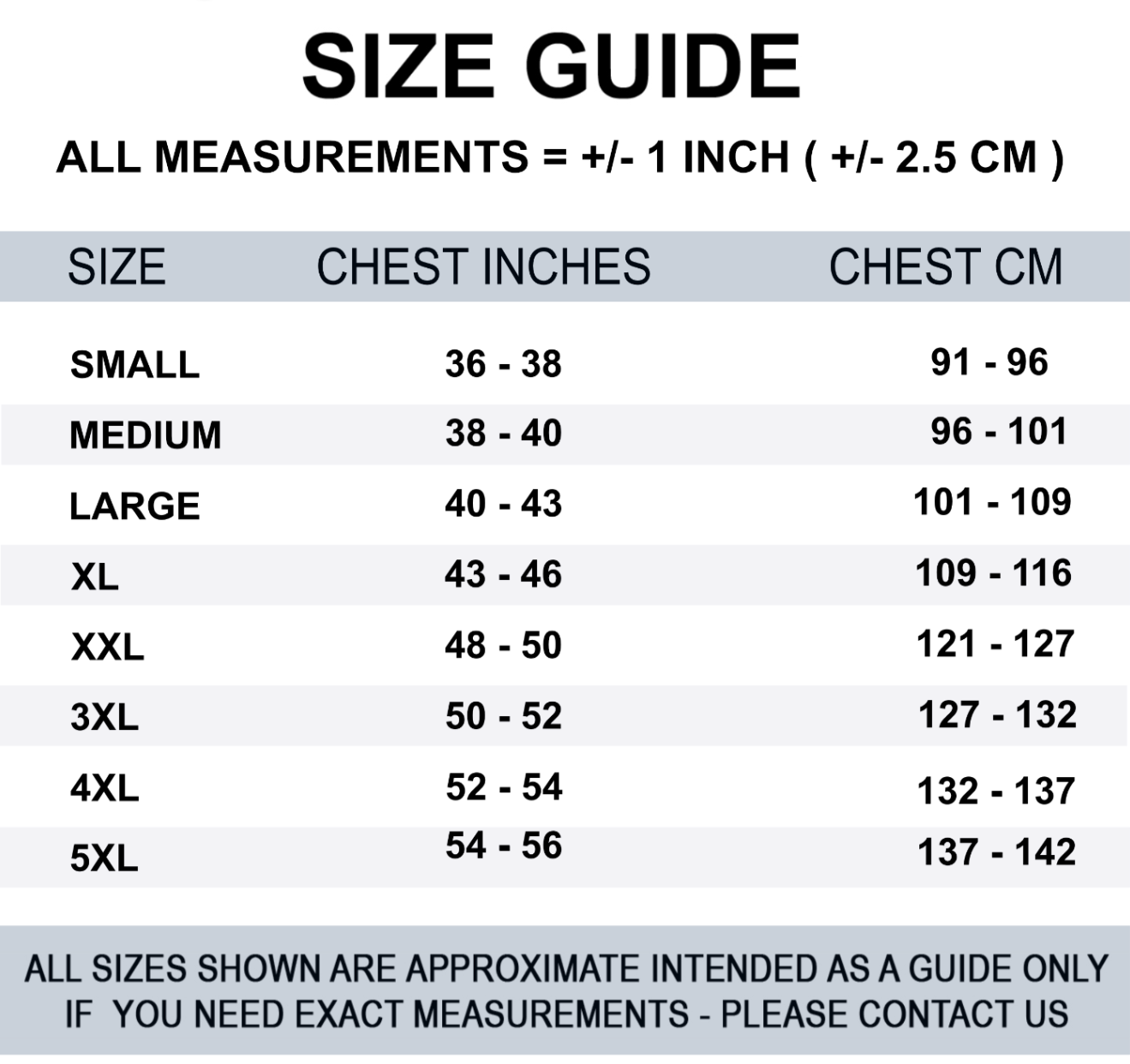 Size guide chart for chest measurements in inches and centimeters with a gray background.