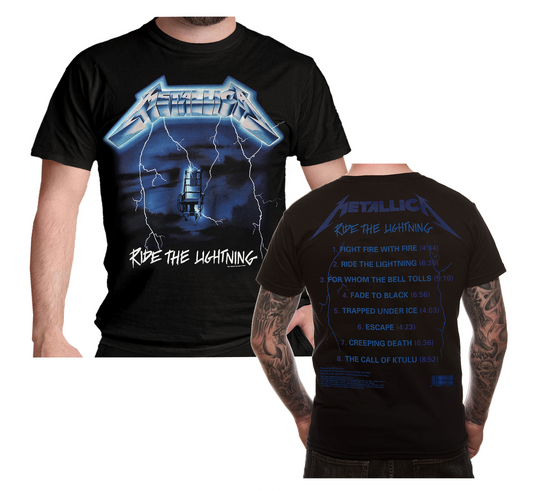 An official Metallica ride the lightning t shirt with a front and back print featuring the ride the lightning Metallica graphic electric chair on the front and track titles on the back