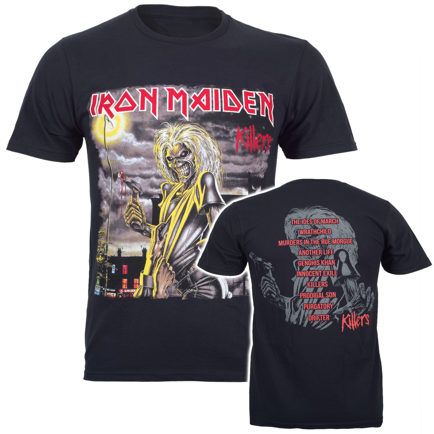 an official iron maiden black t shirt with killers cover artwork on the front and the track listing for the album on the back