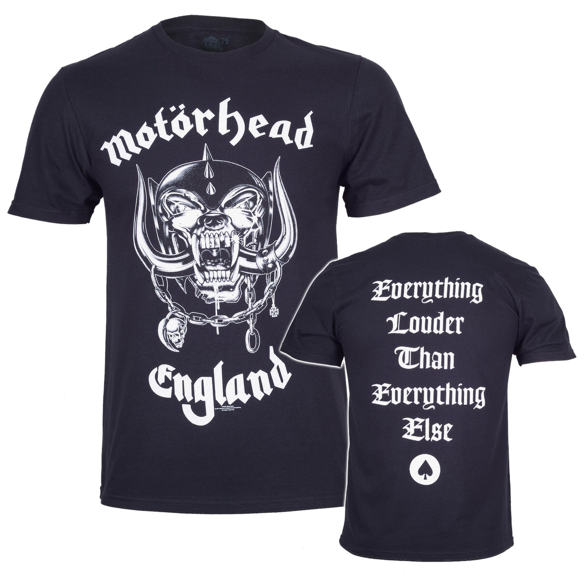 Black t-shirt with 'Motorhead' logo and text on a white background