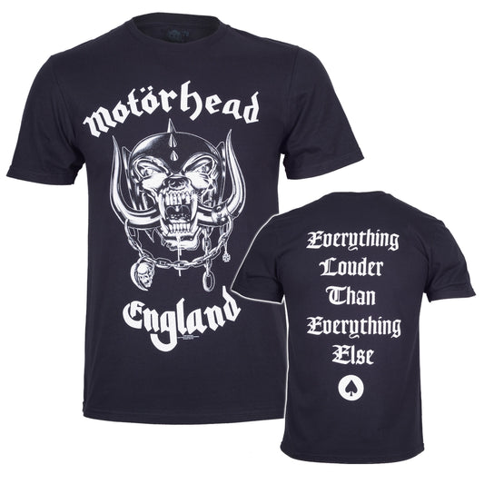 Black t-shirt with 'Motorhead' logo and text on a white background