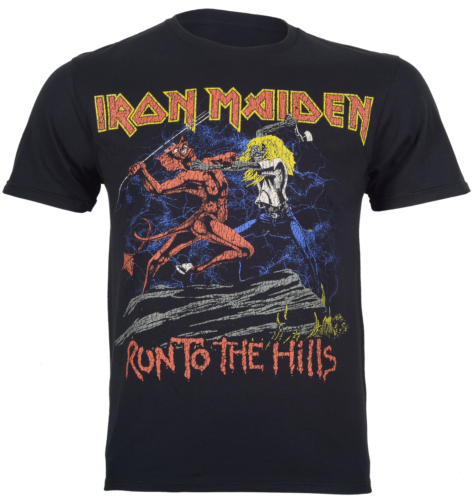 Official Iron Maiden Black t-shirt with Iron Maiden graphic and 'Run To The Hills' text on a white background
