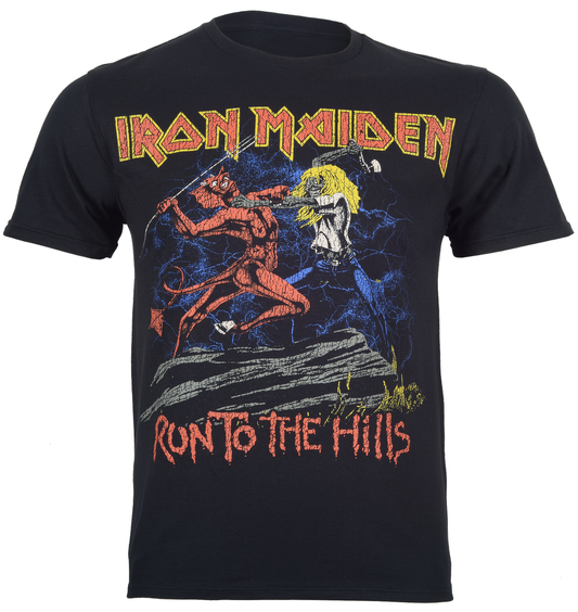 Official Iron Maiden Black t-shirt with Iron Maiden graphic and 'Run To The Hills' text on a white background