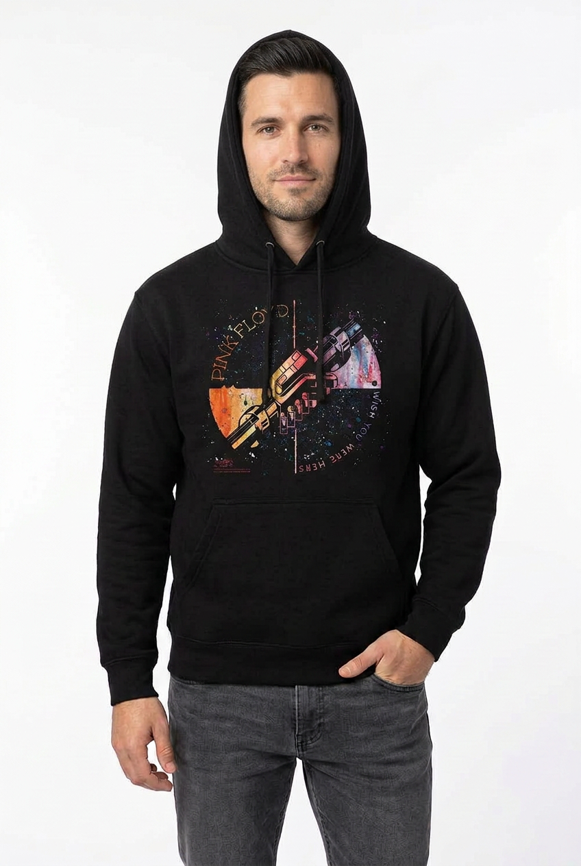 Pink Floyd hoodie with hood up and a confident pose