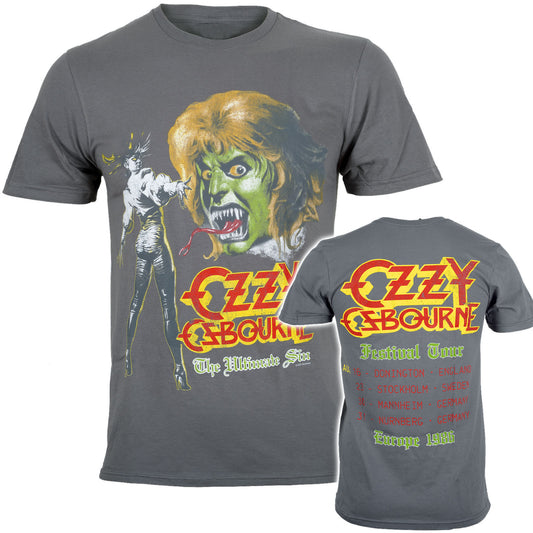 Official Ozzy Osbourne The Ultimate Sin Festival Tour 1986 Charcoal Grey T-Shirt — Monster Artwork Donington Europe Tour Dates Front Back Print Rock Off
